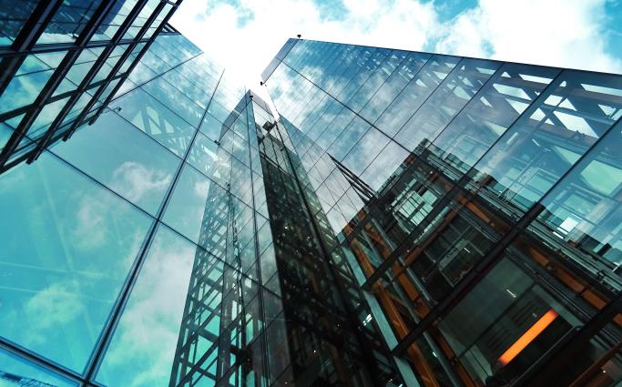 Reflections in glass panes of building